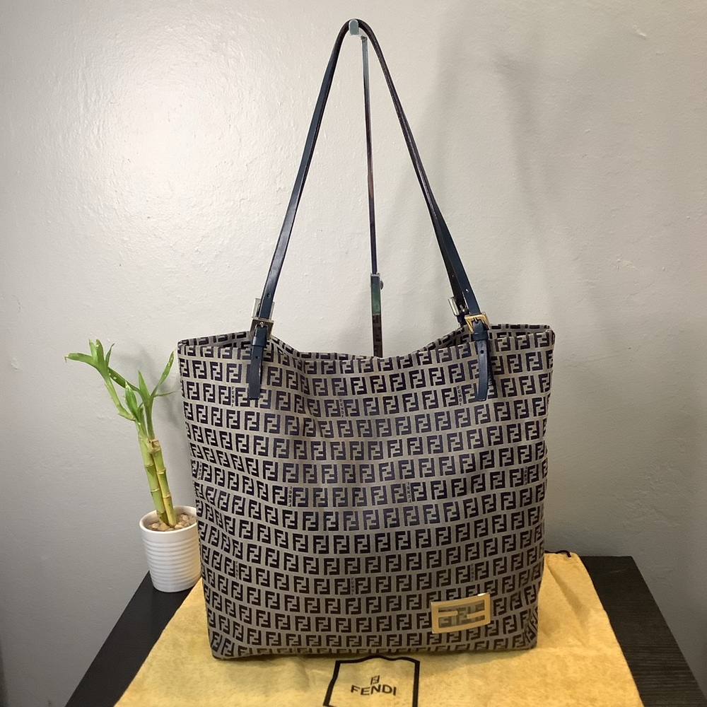 🛍FENDI Zucchino Shoulder Tote Bag Canvas Leather